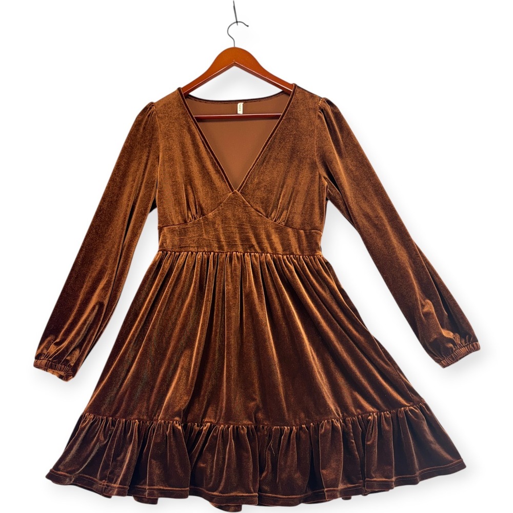 Halara Velvet Mini Dress Women M Brown V-Neck Long Sleeve Ruffle Hem Fall Tiered